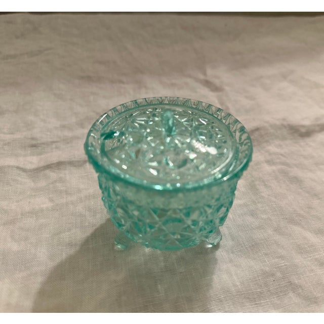 Vintage Light Teal Daisy Dot Depression Glass Sugar Dish For Sale - Image 4 of 5