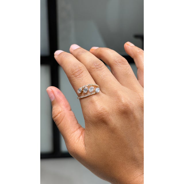 Modern Certified 14k Solid Yellow Gold Baguette & Round Diamond Pave Bypass Ring Size 7 For Sale - Image 3 of 17
