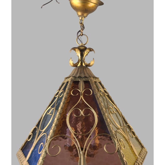Vintage Multi Color Slag Glass Italian Tole Gilded Pendant Light Fixture For Sale - Image 9 of 11