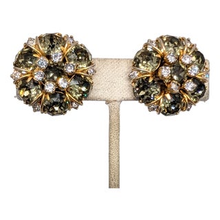 Vintage Signed Hattie Goldtone Faux-Citrine & Clear Rhinestone Carnegie Clip Earrings- 2 Pieces For Sale