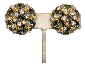 Vintage Signed Hattie Goldtone Faux-Citrine & Clear Rhinestone Carnegie Clip Earrings- 2 Pieces