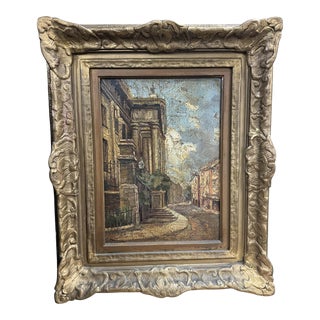 Antique Impressionistic Italian Scenic Landscape Street Scene Oil Painting on Board Circa 1900, Framed For Sale