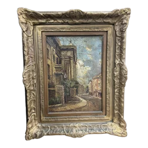 Antique Impressionistic Italian Scenic Landscape Street Scene Oil Painting on Board Circa 1900, Framed