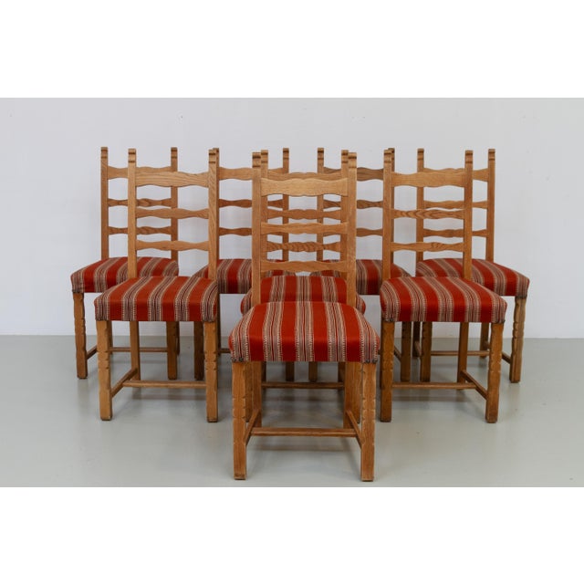 Vintage Danish Brutalist Ladder Back Oak Dining Chairs, 1960s. Set of 8. Scandinavian Mid-Century modern dining room...