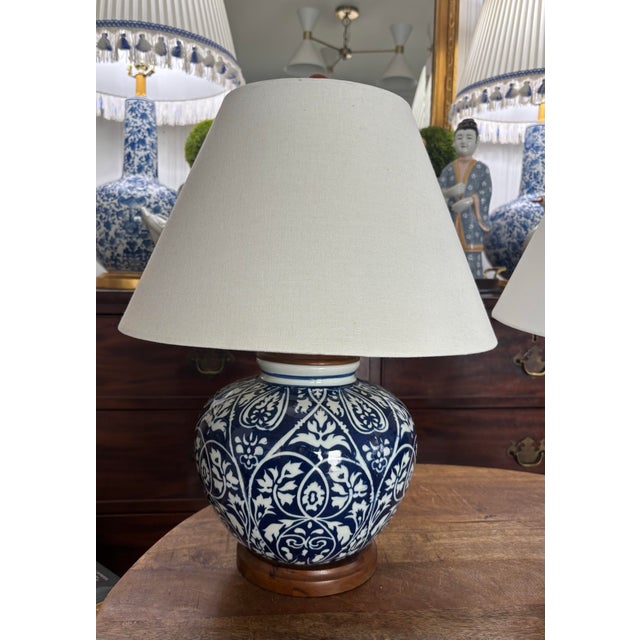 Contemporary Ralph Lauren Blue and White Cobalt Ikat Ginger Jar Lamps With White Line Shades - a Pair For Sale - Image 9 of 10