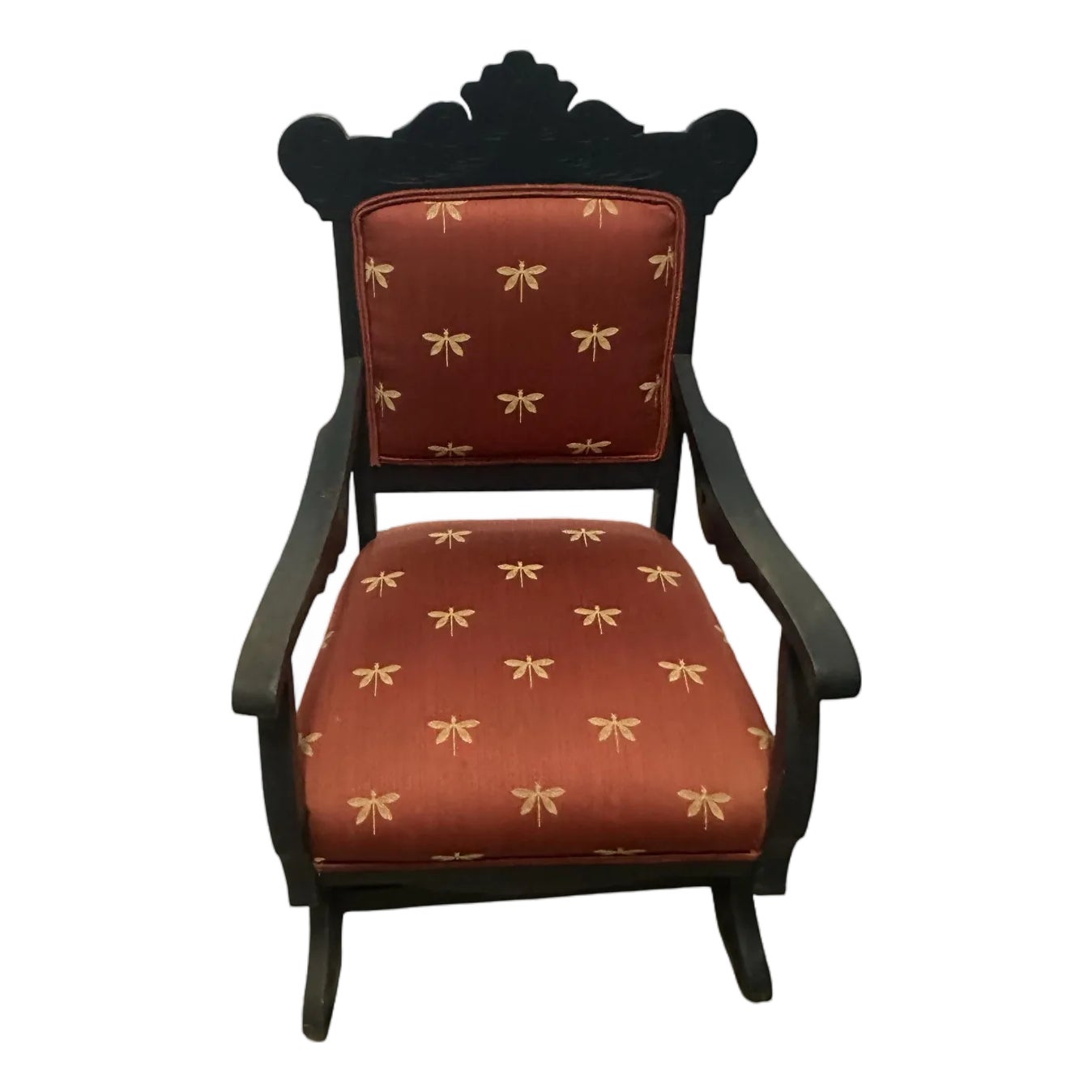 Vintage-Style Carved Wood Glider Rocker With Dragonfly Upholstery ...
