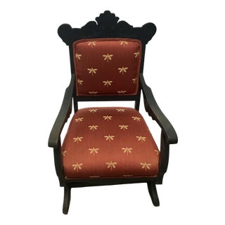 Vintage-Style Carved Wood Glider Rocker With Dragonfly Upholstery For Sale