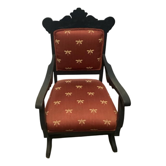 Vintage-Style Carved Wood Glider Rocker With Dragonfly Upholstery For Sale