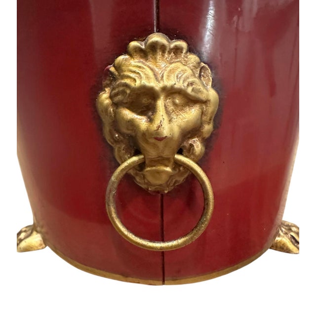 Metal Vintage Large Italian Tole Gilt & Cranberry / Burgundy Red Monteith Cache Pot / Jardinere / Planter With Lion Head Rings and Paw Feet For Sale - Image 7 of 8