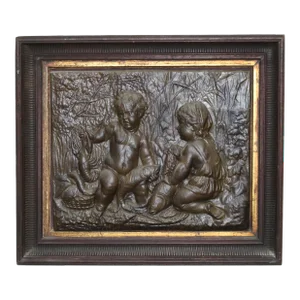 Antique Victorian Classical Bronzed High Relief Plaque with Genre Scene, Circa 1890