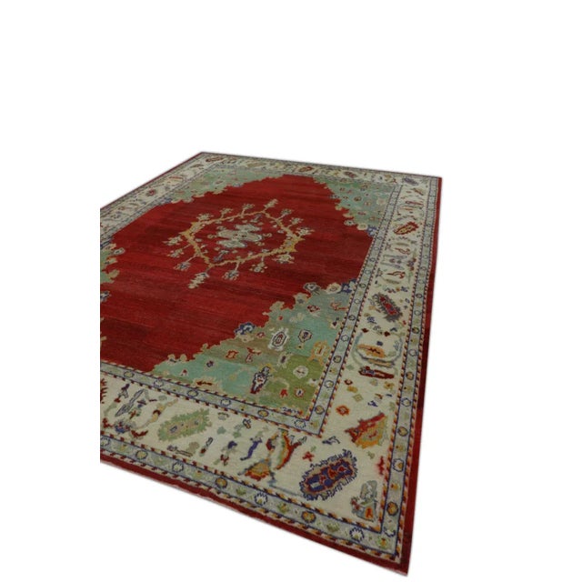 1960s Green & Red Wool Oushak Rug For Sale - Image 4 of 6