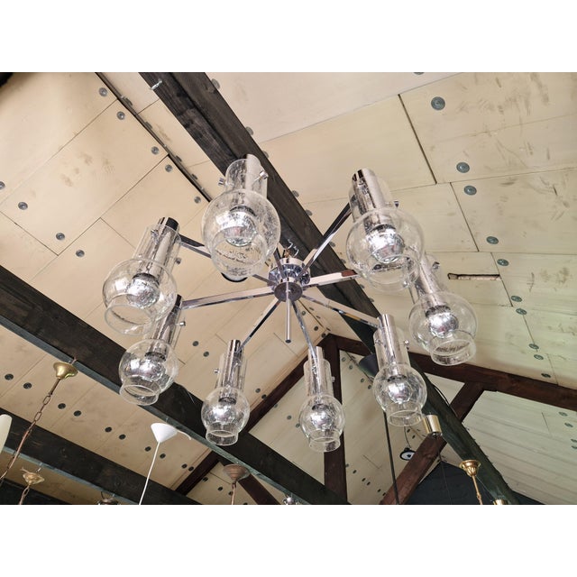 Large Chandelier Light in Chromed Metal and Transparent Blown Bubbled Glass, 1970s For Sale - Image 10 of 10