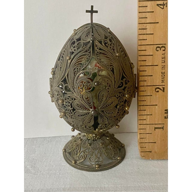 Metal Vintage Fedoskino Russian Triptych Brass Filigree With Lacquer Egg Shape With Father Frost and the Snow Maiden Signed M. Izotova. For Sale - Image 7 of 15