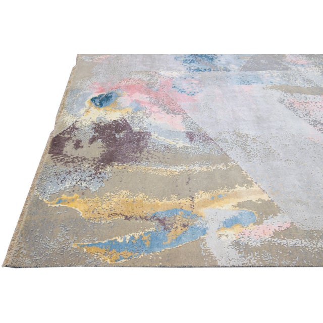 Modern Indian Abstract Handmade Multicolor Wool and Silk Rug For Sale - Image 10 of 12