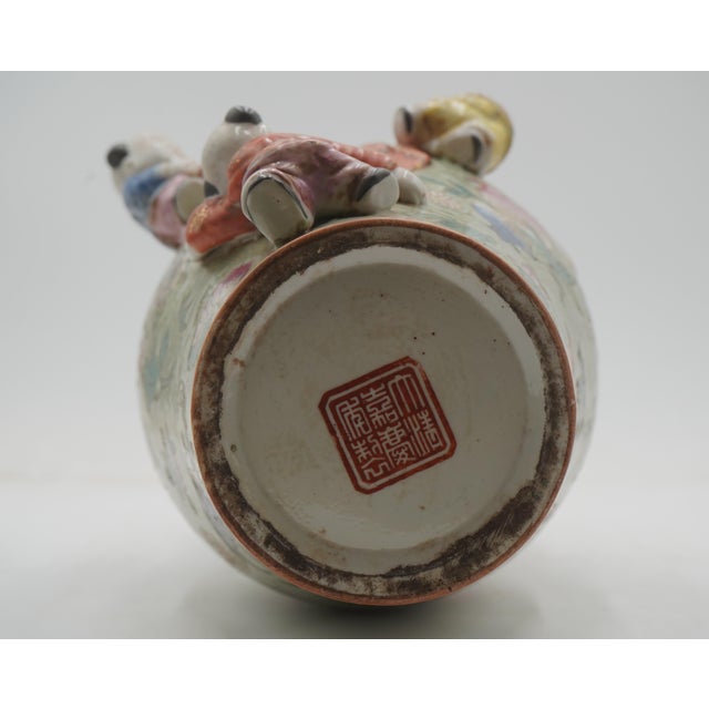 Vintage Chinese Familia Rose Seven Boys Fertility Vase For Sale - Image 9 of 9