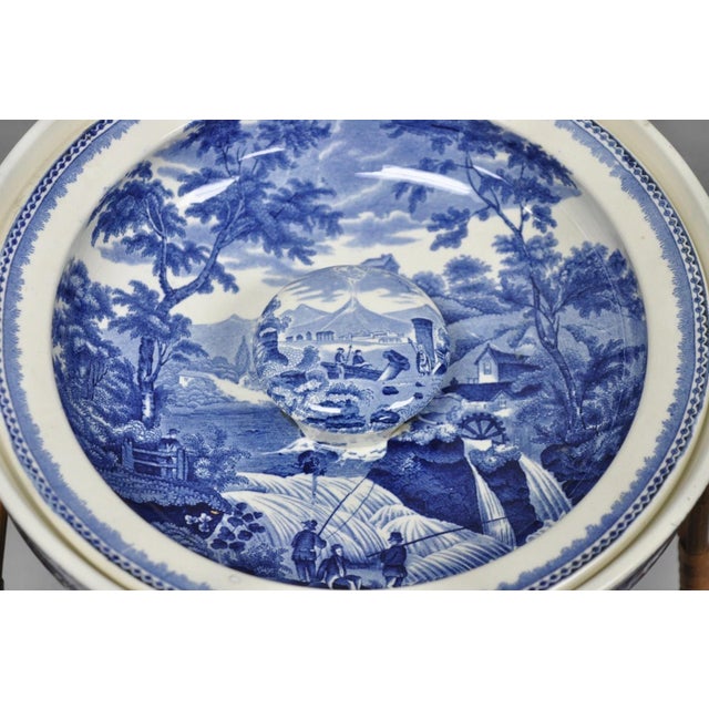 Wedgwood Late 19th Century Wedgwood Landscape Etruria Pattern Blue White Porcelain Covered Slop Pot Commode For Sale - Image 4 of 17