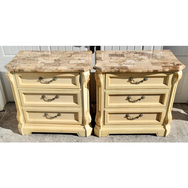 Cream Vtg. Pair of Thomasville Marble Top Italian Provincial Oversized Nightstands For Sale - Image 8 of 13
