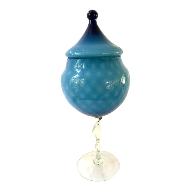 Empoli Italian Vintage Art Glass Bowl With Pedestal in Cerulean Ombré Blue For Sale