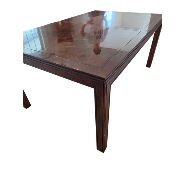 Henredon 1980s Henredon Scene One Campaign Oak Burlwood Dining Room Parson Table Extension For Sale - Image 4 of 18