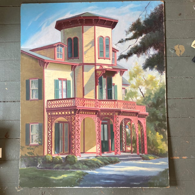 1970’s Vintage Original Victorian House Architectural Painting Signed For Sale In Philadelphia - Image 6 of 6