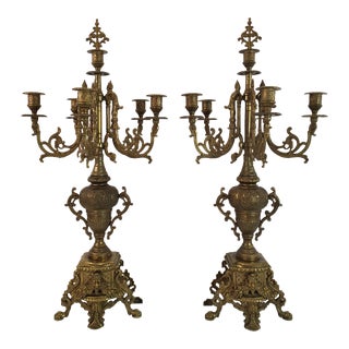 Vintage Pair Brass 5 Arm Brevettato Italian Baroque Candelabras For Sale