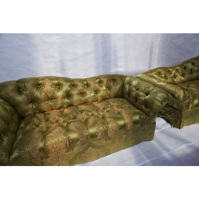 Pair of Custom Curved Back Tufted Damask Sofas Includes Additional Silk Velvet Slipcovers For Sale - Image 11 of 18