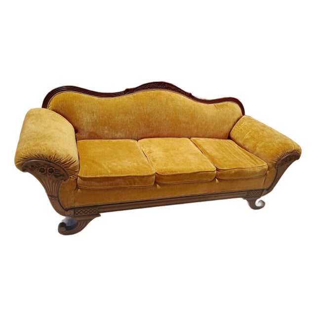 Vintage Victorian Camelback Duncan Phyfe Style Gold Velvet Sofa For Sale