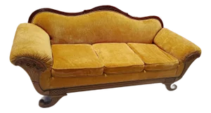 Vintage Victorian Camelback Duncan Phyfe Style Gold Velvet Sofa