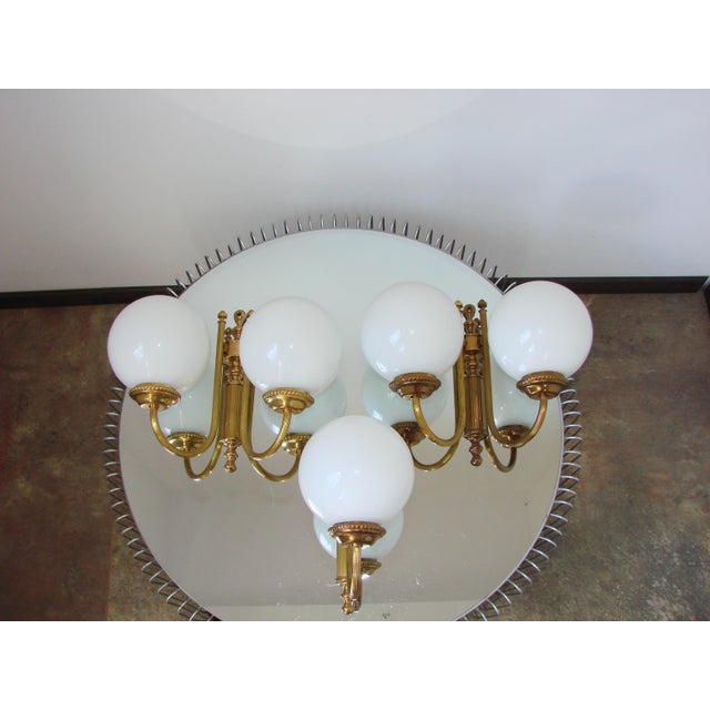 Vintage Brass Wall Lights with Frosted Glass Globes, 1960s, Set of 3 For Sale - Image 4 of 7