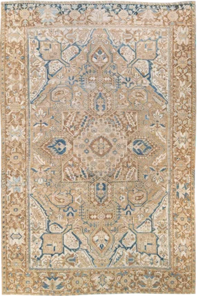 Antique Persian Heriz Handmade Medallion Tan and Blue Wool Rug
