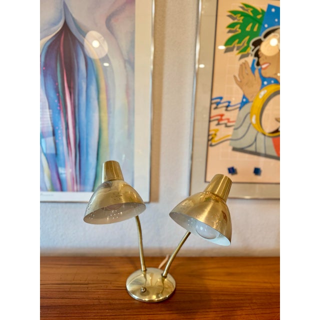 Vintage Double Gooseneck Brass Desk Lamp With Perforated Shades and 3 Way Lighting, Circa 1960s For Sale - Image 12 of 12