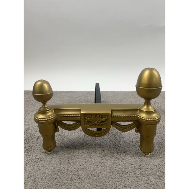 Brass Vintage French Louis XVI Brass Andirons With Acorn Finials & Swag Detail, a Pair For Sale - Image 8 of 9