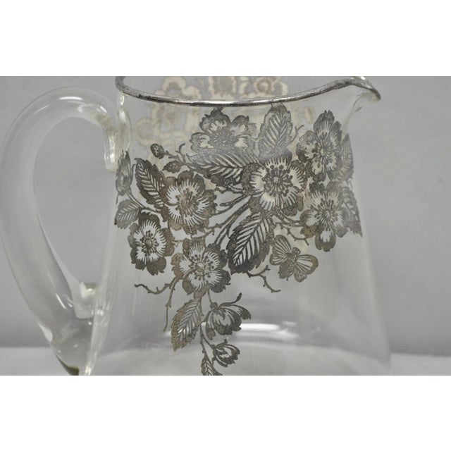 Art Nouveau Vintage Art Nouveau Floral Sterling Silver Overlay Crystal Glass Water Pitcher For Sale - Image 3 of 11