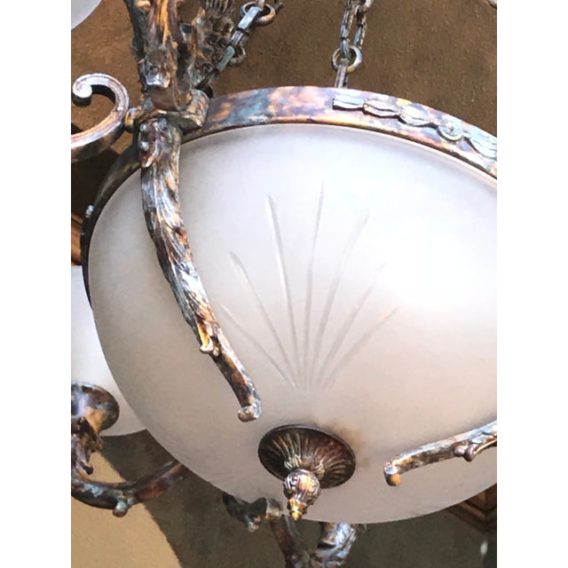 Neoclassical Late 20th Century Neo-Classical Cast Bronze Chandelier With Frosted Crystal Hand-Cut Globes For Sale - Image 3 of 13