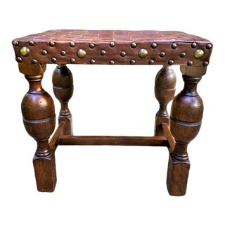 Early 20th Century Antique Spanish Revival Woven Leather and Quarter Sawn Oak Bench For Sale