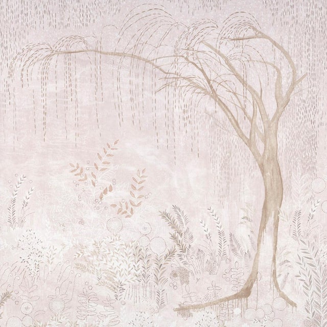 Printing California-based muralist Colette Cosentino’s gauzy weeping willow painting on a pearlized ground imparts a...