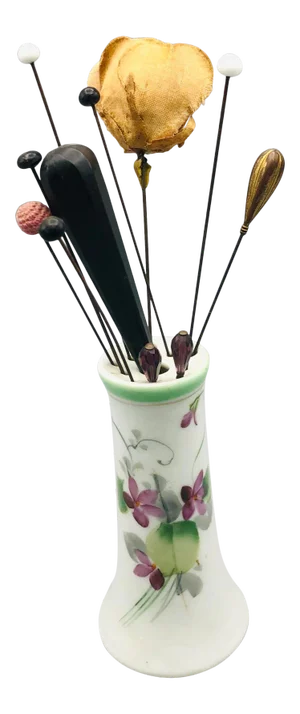 1950s Hand-Painted Hat Pin Holder with 11 Hat Pins