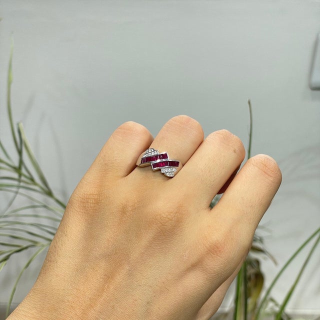 Art Deco Style Baguette Ruby & Diamond Statement Ring in 925 Silver Size 8 For Sale - Image 4 of 15