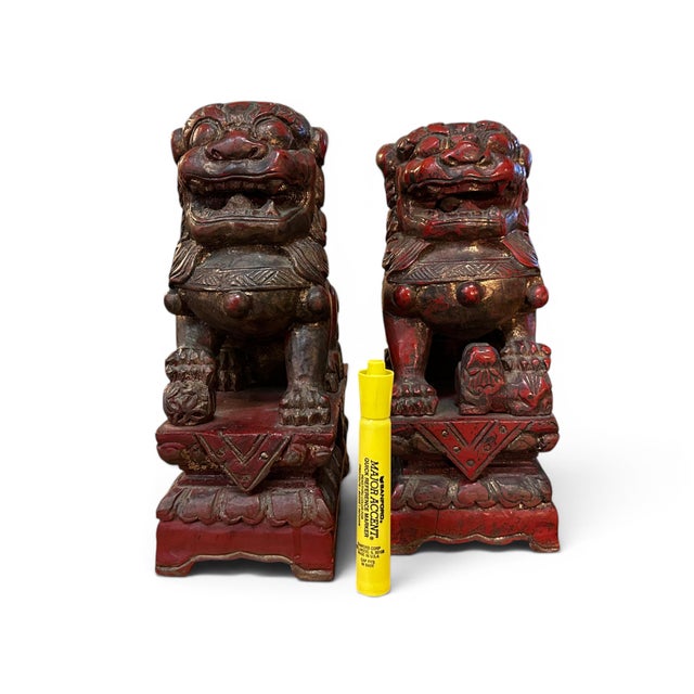 Pair of Carved Wood Chinese Foo Lions, 10" Tall, 20th Century For Sale - Image 12 of 12