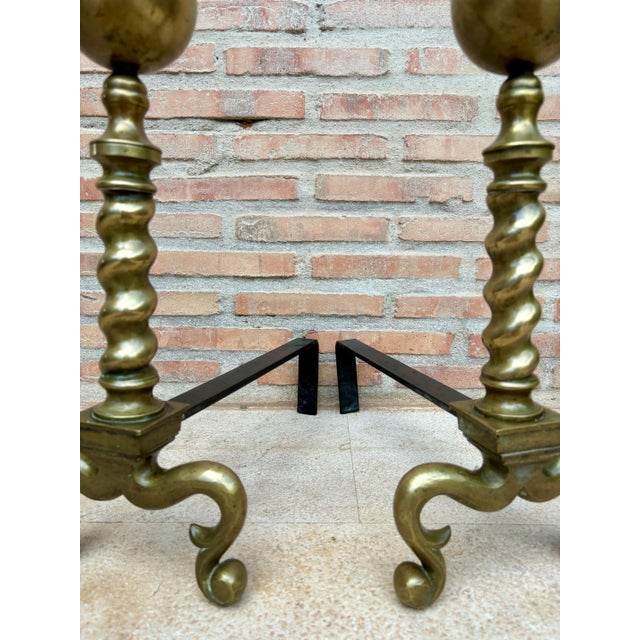 18th American Chippendale Style Brass Cannonball Andiron Firedog with Log Stops For Sale - Image 10 of 18