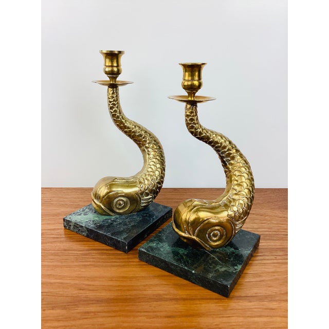1970s Vintage Antique Dolphin / Fish Brass & Marble Pair of Candle Holders For Sale - Image 5 of 8