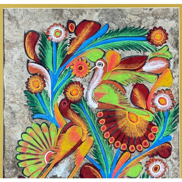 Folk Art Vintage Mexican Folk Art Amate Bark Painting – "Birds of Paradise" For Sale - Image 3 of 8