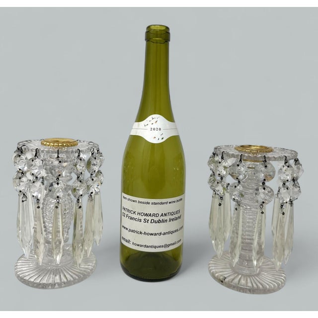 Metal Antique Pair Poss Irish Crystal Hand Cut Lead Lustres Vases Candlesticks Ireland For Sale - Image 7 of 7
