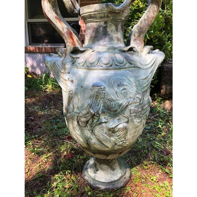 Baby Blue 20th Century Renaissance Style Verdigris Painted Cast Lead Two Handle Urns - A Pair For Sale - Image 8 of 11