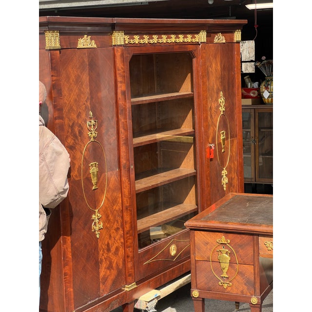 Mid 20th Century French Louis XVI Style Mahogany Office Suite – Desk & Bookcase Cabinet W/ Ormolu Urn Mounts For Sale - Image 5 of 12