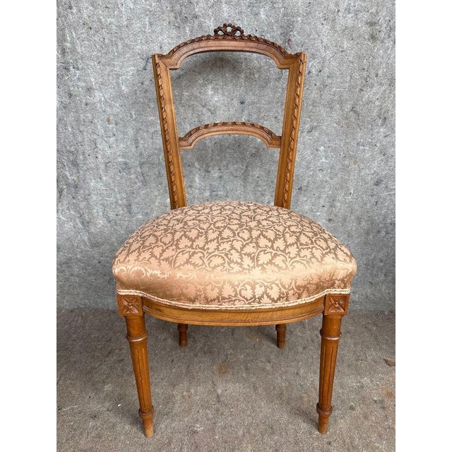 Pair Antique Hand Carved French Side Chairs With Fortuny Style Upholstered Seats For Sale - Image 4 of 7