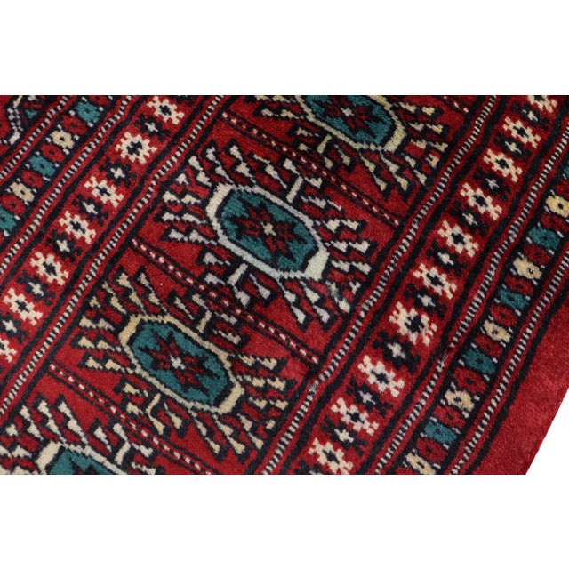 1990s Rustic Bokhara Red Green Hand Knotted Rug For Sale - Image 5 of 9