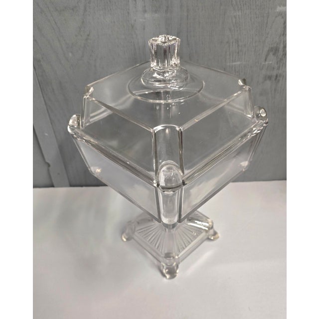 Vintage Square Glass Footed Compote With Lid / 1880 Adams & Co. For Sale In New York - Image 6 of 11