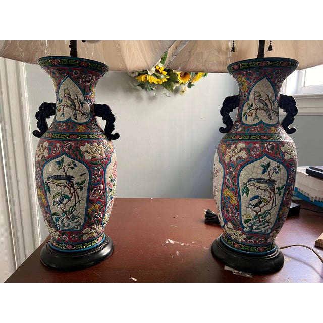 Vintage Chinese export-style porcelain vase table lamp, Chinoiserie pattern, featuring vibrant hand-painted floral and...