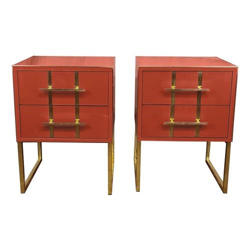 Birch Bedside Tables with Red Beige Mirror Glass & Brass Insert by Justfurnituress, Set of 2 For Sale - Image 6 of 6